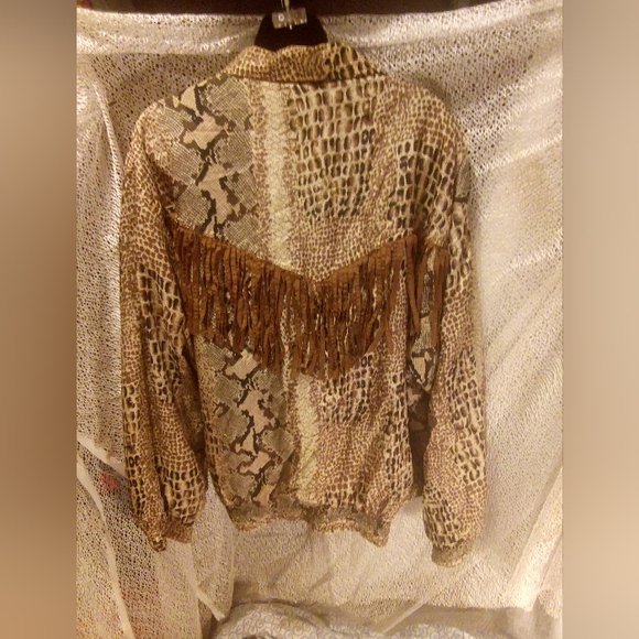 Malcom Flowers Reptile Print Silk Jacket Faux Leather Fringe VTG Women’s Sz XL - Picture 2 of 3